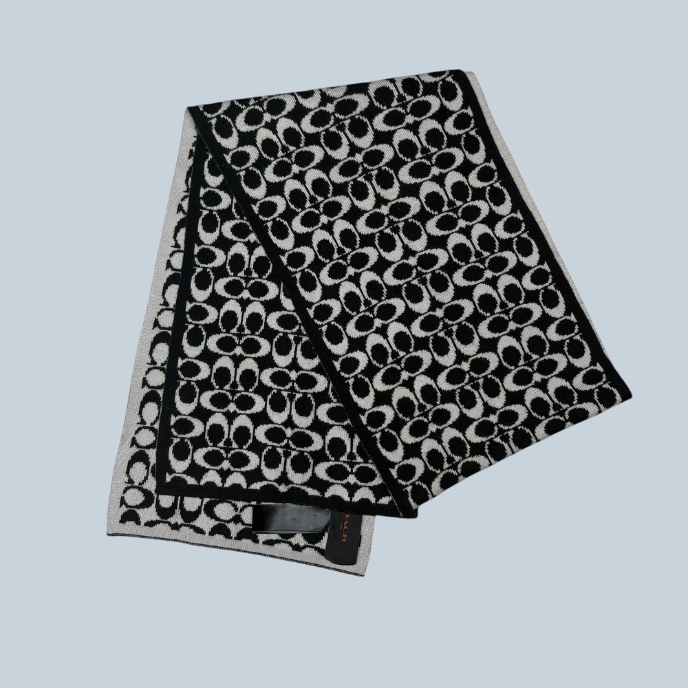 Coach Signature C Scarf Black Grey Merino Wool Blend Monogram Knit Wrap 1195